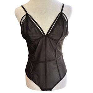 Fashion Nova Black Sheer Mesh Bodysuit Size M Adjustable Straps Snap Gusset NWOT